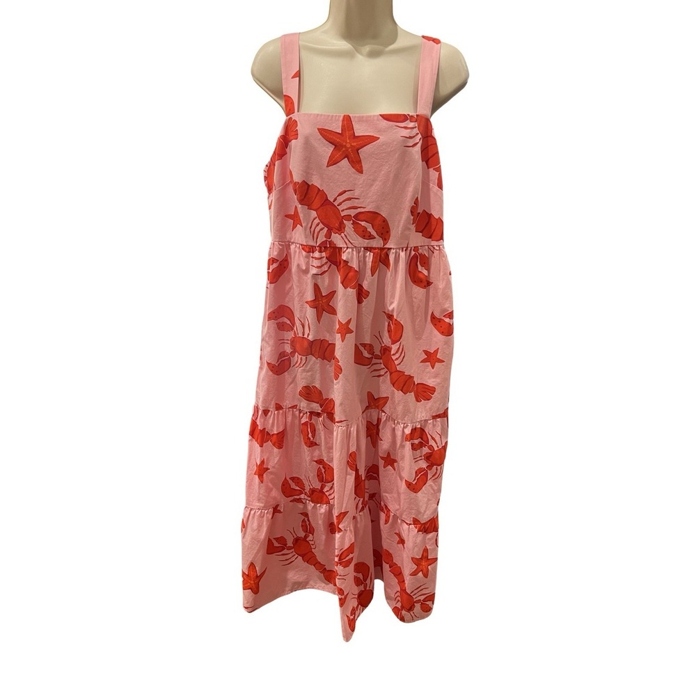 J. Crew Pink Red Lobster Print Tiered Midi Summer Sun Dress Coastal Sz 12